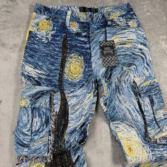 NWT Rebel Vengeance Tapestry Cargo Jeans Mens Starry Night Van Gogh Streetwear - Picture 3 of 8